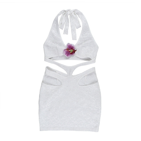 Hollow out flower applique halter self tie mini dress