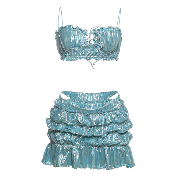 Ruched metallic ruffle self tie 3 piece mini skirt set