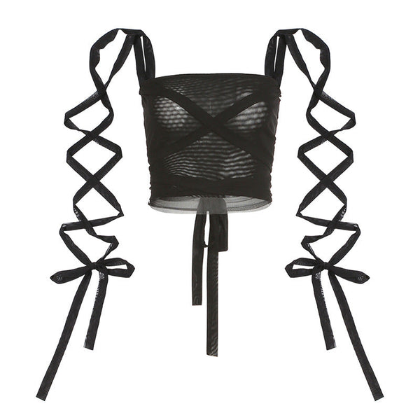 Self tie square neck mesh solid cami top