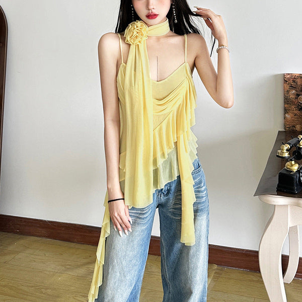 Flower applique ruffle mesh cami top
