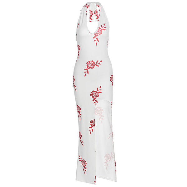 Halter v neck slit flower print maxi dress
