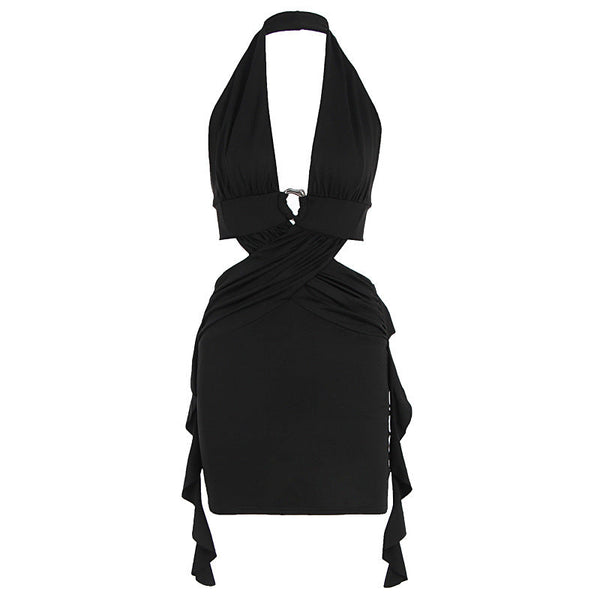 Halter o ring ruffle backless mini dress