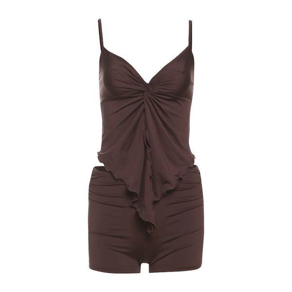 V neck solid ruched ruffle cami short pant set