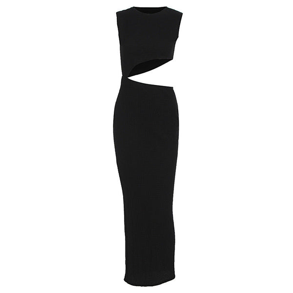Crewneck sleeveless hollow out solid maxi dress