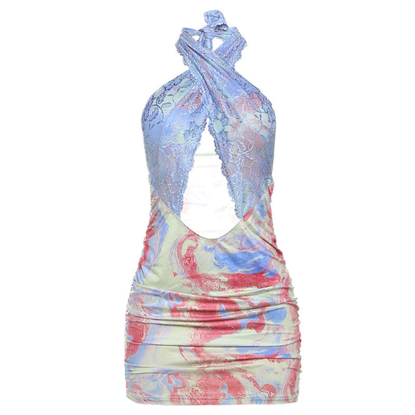 Lace hem hollow out halter ruched mini dress