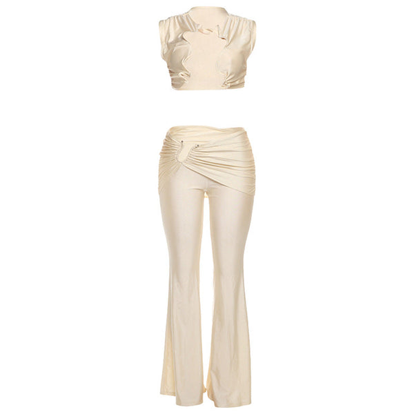 Irregular ruched hollow out solid pant set