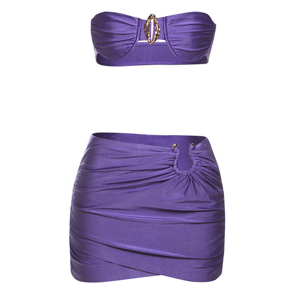 Ruched hollow out backless tube mini skirt set