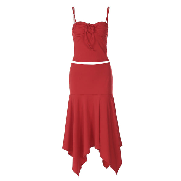 Ruched backless solid cami midi skirt set