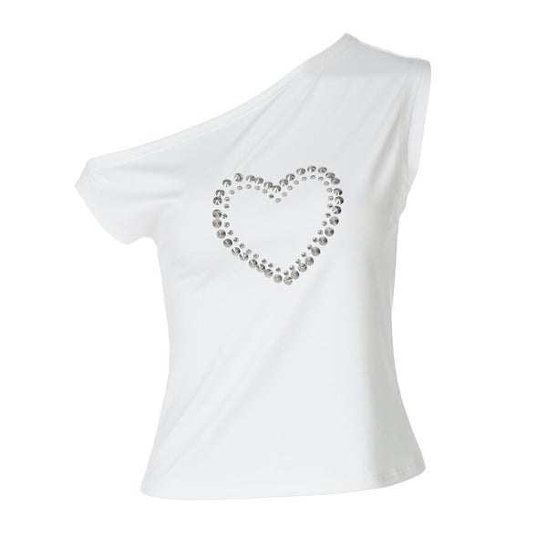 One shoulder irregular heart applique top