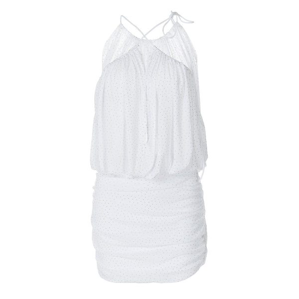 Ruched mesh beaded cross front mini dress