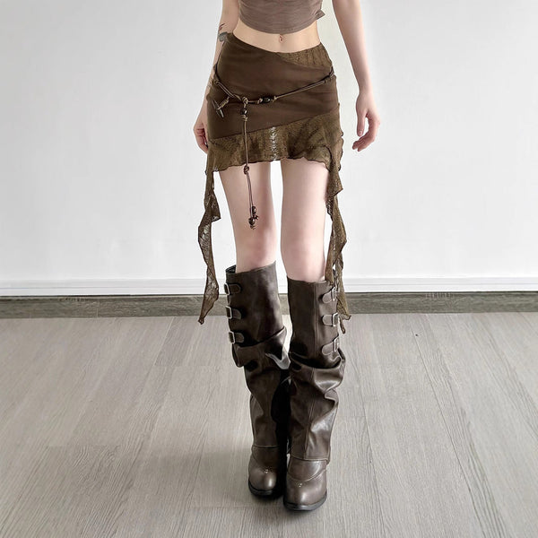 Irregular ruffle beaded solid mini skirt