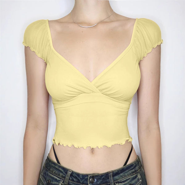 Ruffle v neck ruched puff sleeve solid top