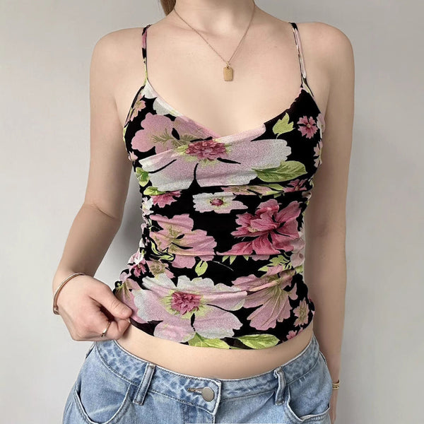 Ruched flower print v neck mesh cami top