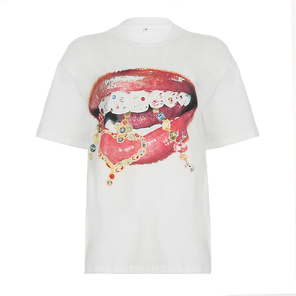 Short sleeve crewneck mouth print top