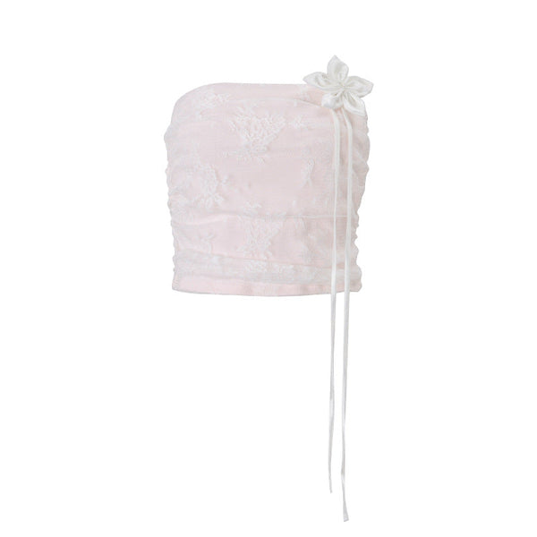 Ruched flower applique lace tube top
