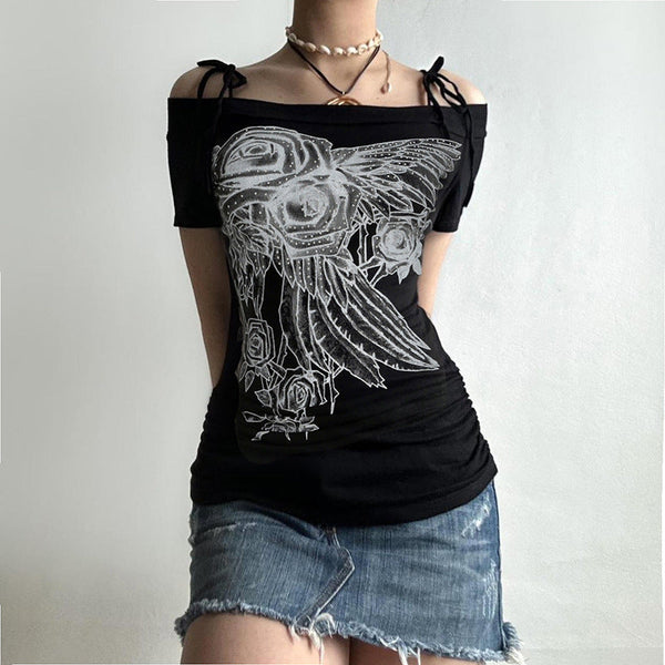 Off shoulder short sleeve ruched print self tie top