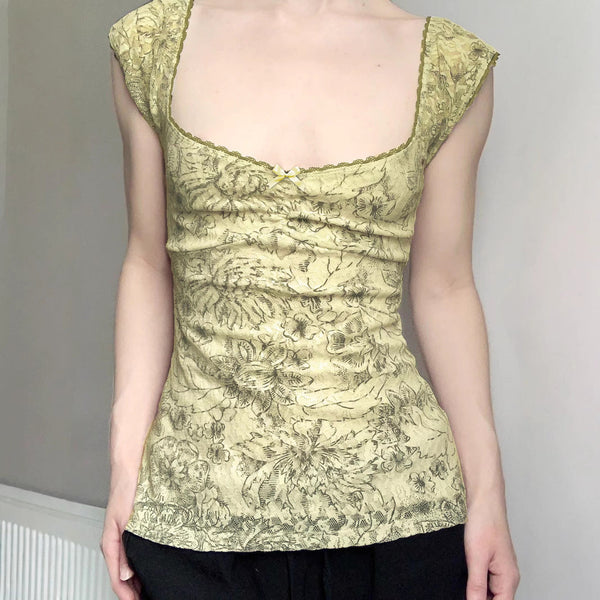 Cap sleeve v neck flower print bowknot top