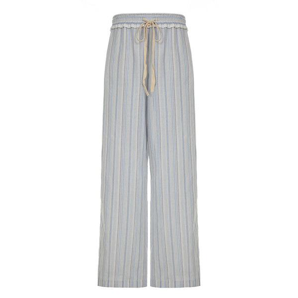 Striped ruffle drawstring wide leg pant