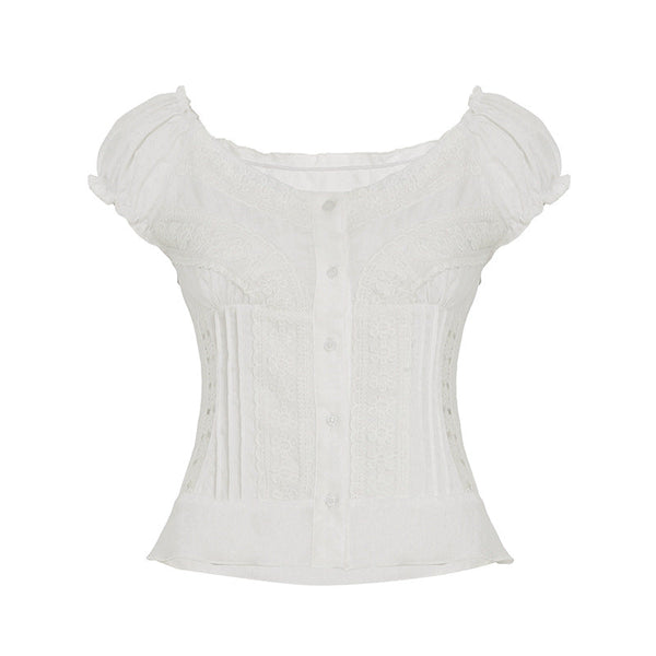 Button v neck puff sleeve ruffle solid top