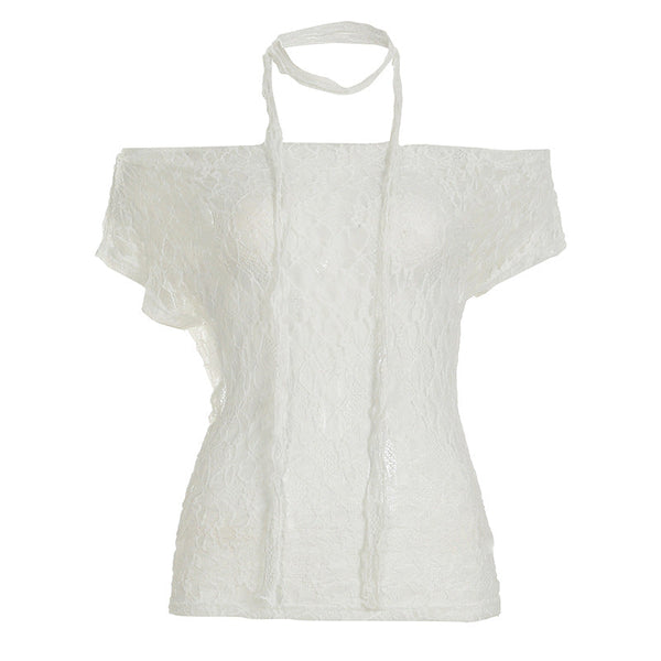 Short sleeve irregular lace off shoulder top