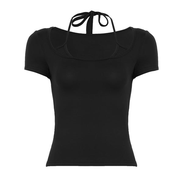 Short sleeve halter self tie square neck top