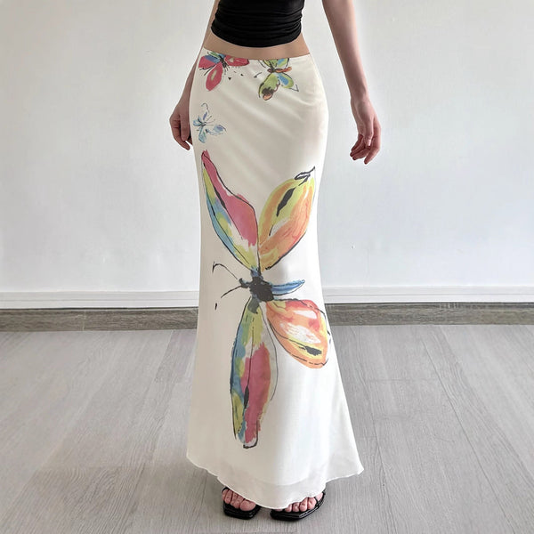 Mesh butterfly print contrast maxi skirt