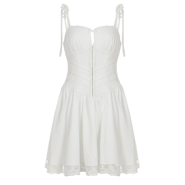 Lace hem ruched self tie hollow out cami mini dress