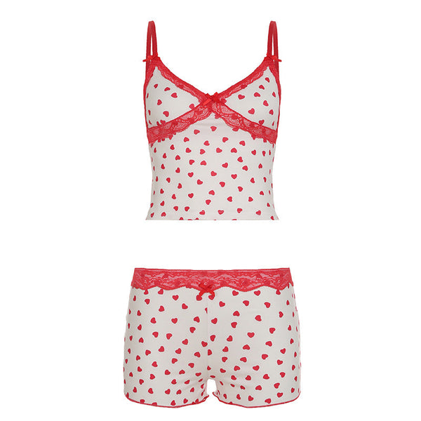 Lace hem v neck bowknot heart print cami pant set