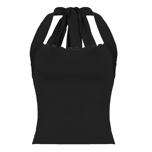 Halter self tie lace hem backless solid top