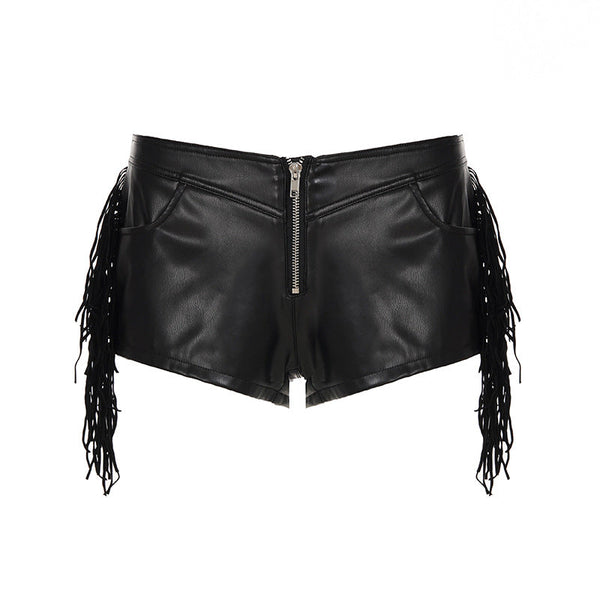 PU leather zip-up tassels pocket short pant