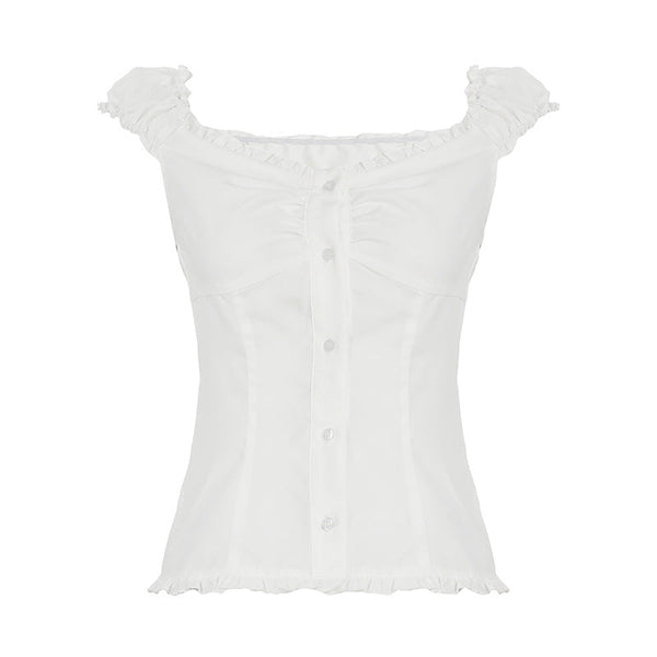 Ruffle button striped puff sleeve ruched top