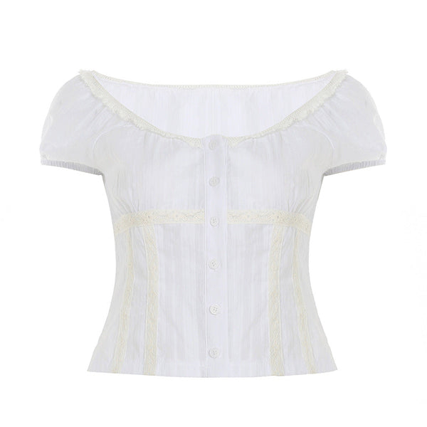 Short sleeve button ruched round neck top