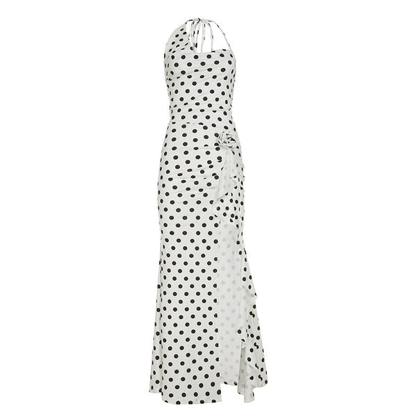 Polka dot halter slit flower applique maxi dress