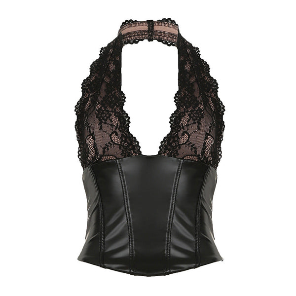 Halter lace PU leather corset v neck top