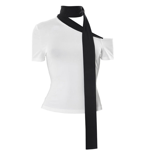 Short sleeve irregular one shoulder self tie top