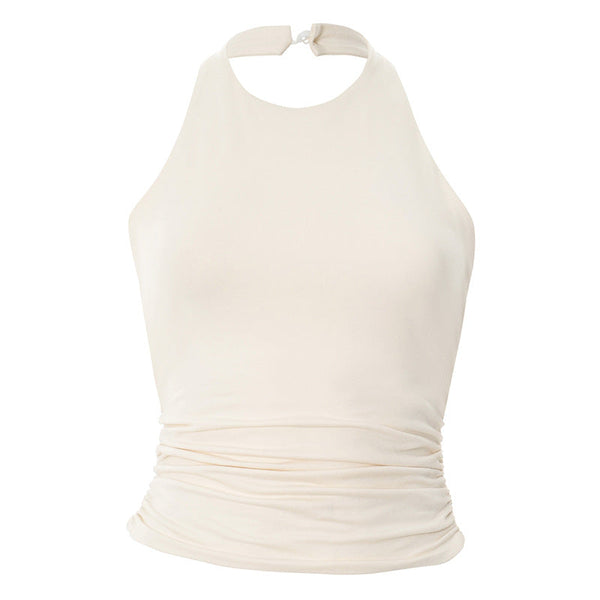 Halter ruched button backless solid top
