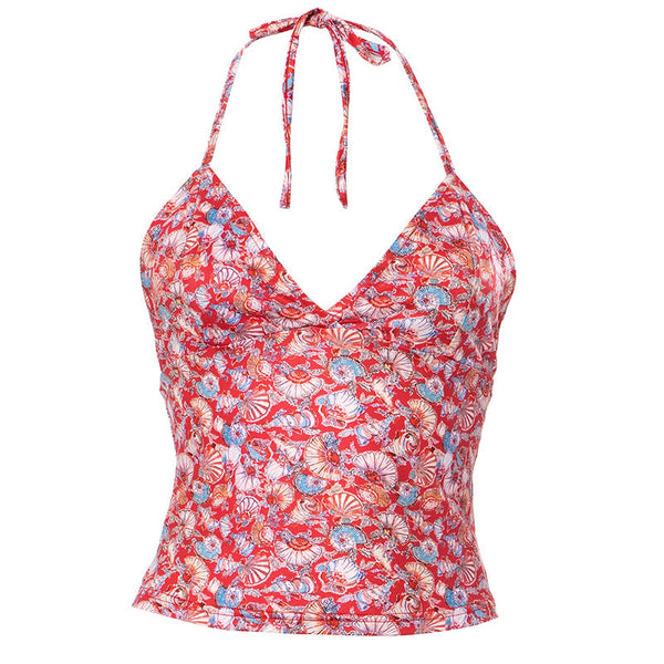 Halter self tie v neck print backless top