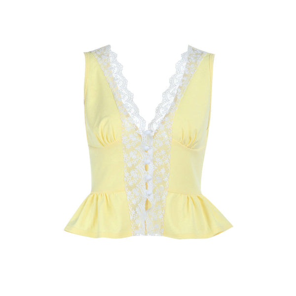 Lace hem v neck button ruched tank top