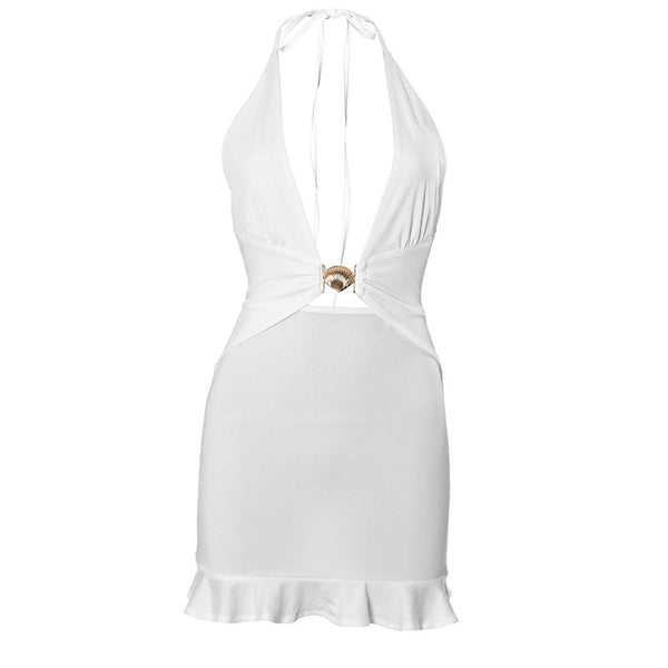Ruffle halter self tie deep v neck mini dress