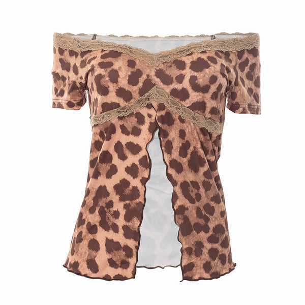 Leopard print lace hem off shoulder slit top