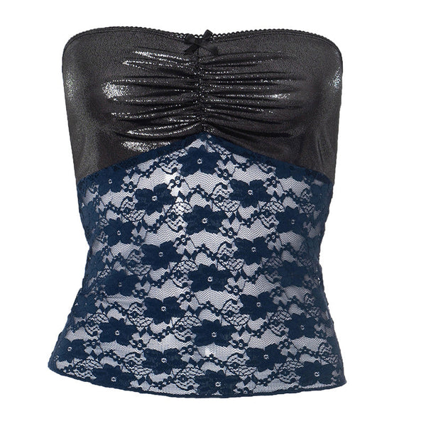 Bowknot ruched backless lace tube top