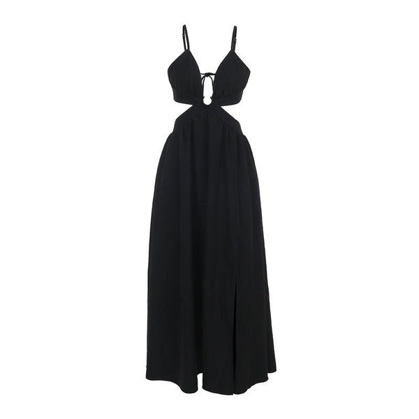 Hollow out deep v neck zip-up slit cami maxi dress