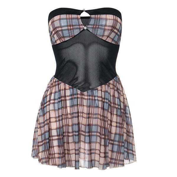 Hollow out plaid mesh tube mini dress
