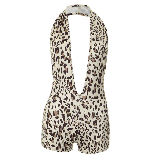Leopard print deep V neck halter romper