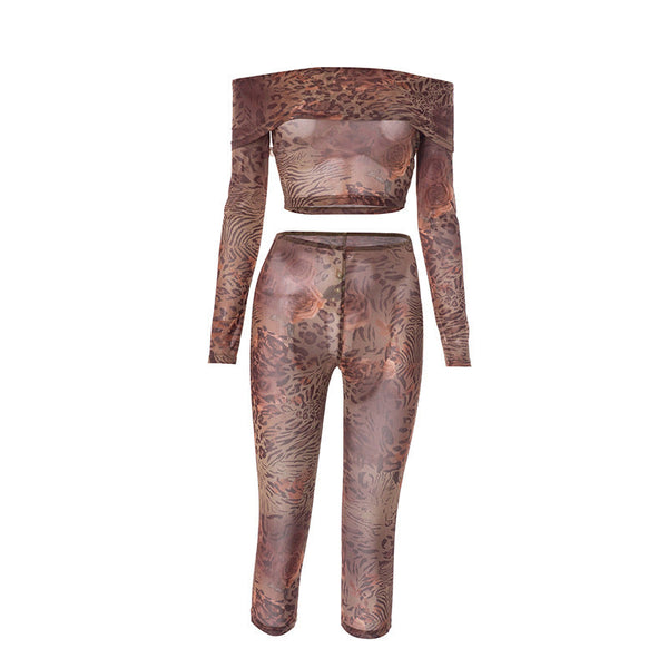 Long sleeve off shoulder mesh leopard print pant set