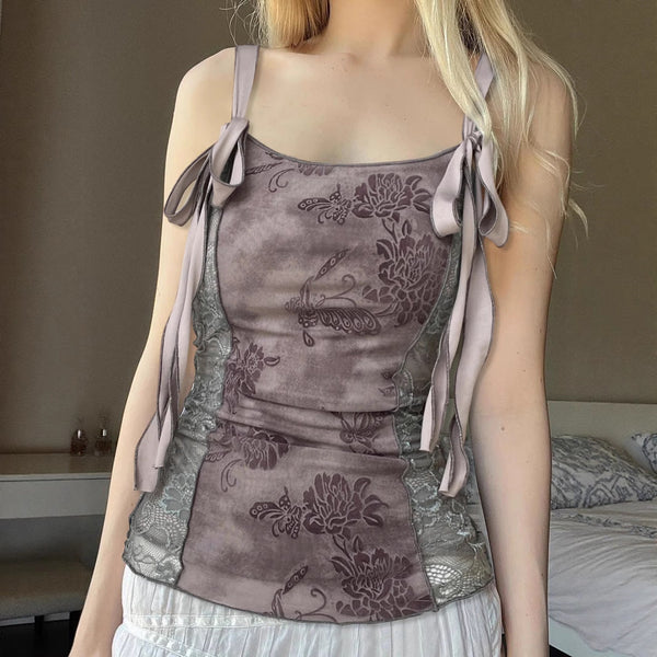 Lace flower print u neck self tie cami top