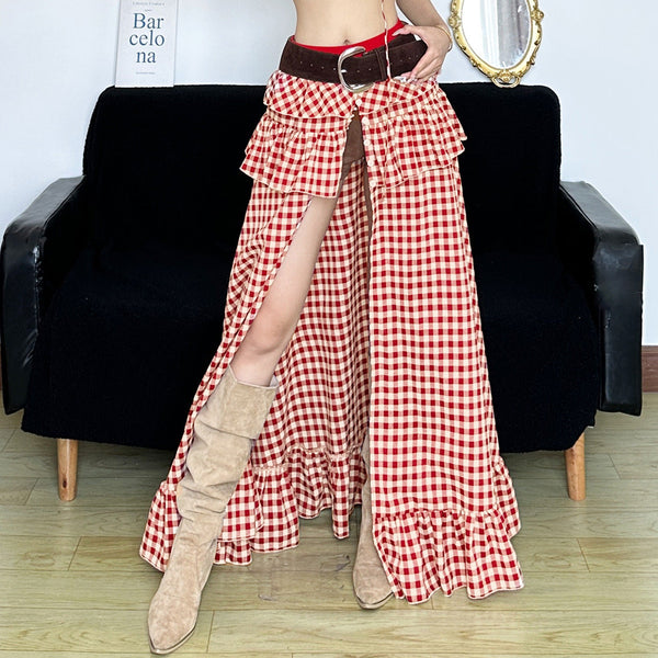 Plaid ruffle high slit button maxi skirt