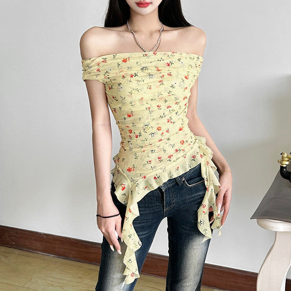 Off shoulder mesh irregular top