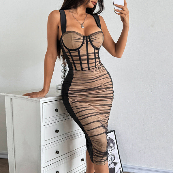 Mesh ruched v neck backless midi dress