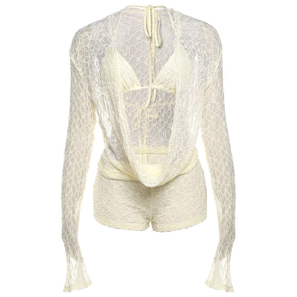 Long flared sleeve halter self tie 3 piece short pant set